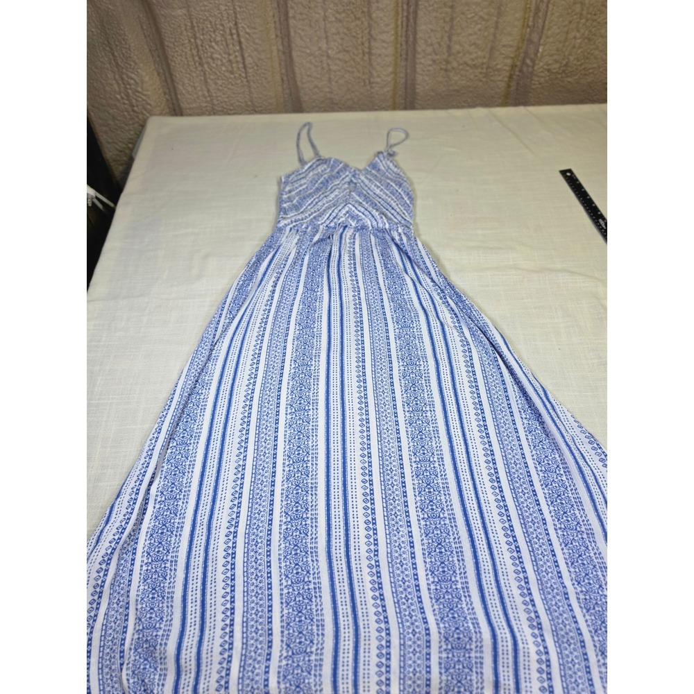 Japna Blue White Geometric Print Smocked Back Maxi Dress Small Boho Summer